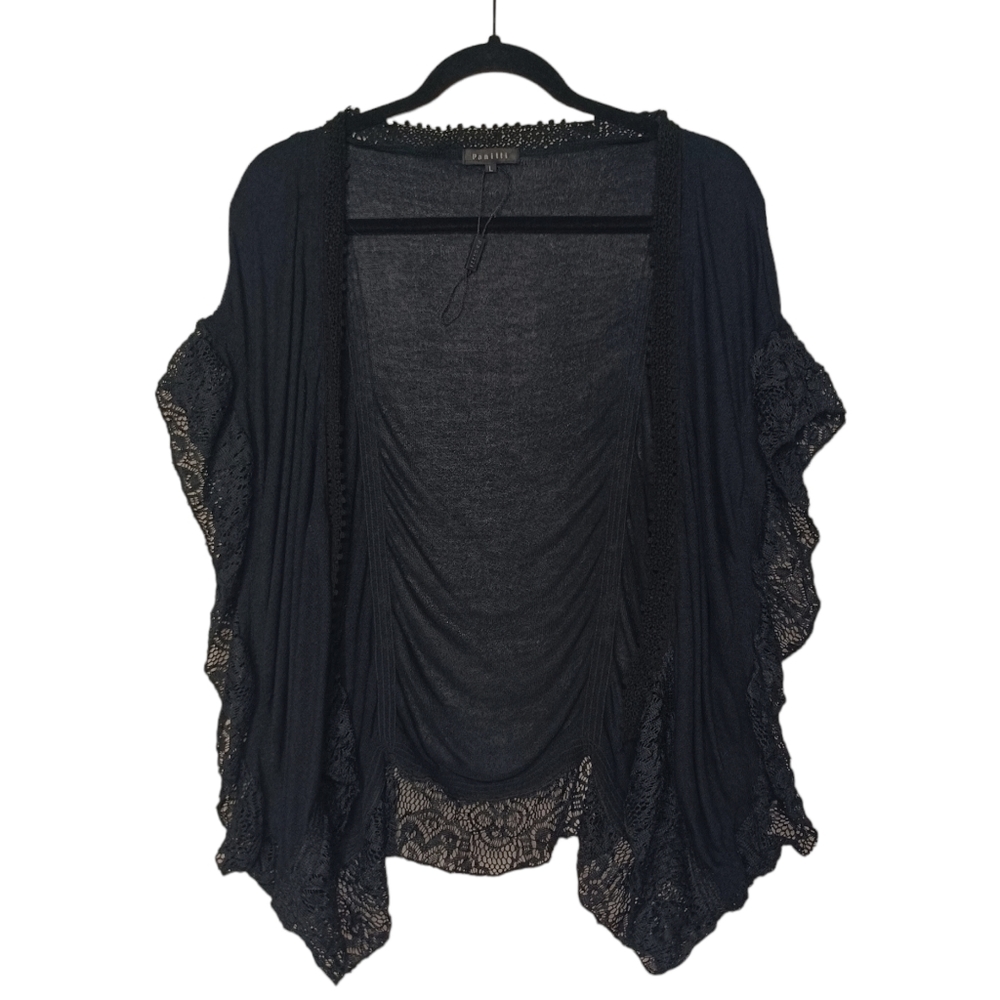 NEW PANILLI Black Lace Drape Open Cardigan Black Sweater Large